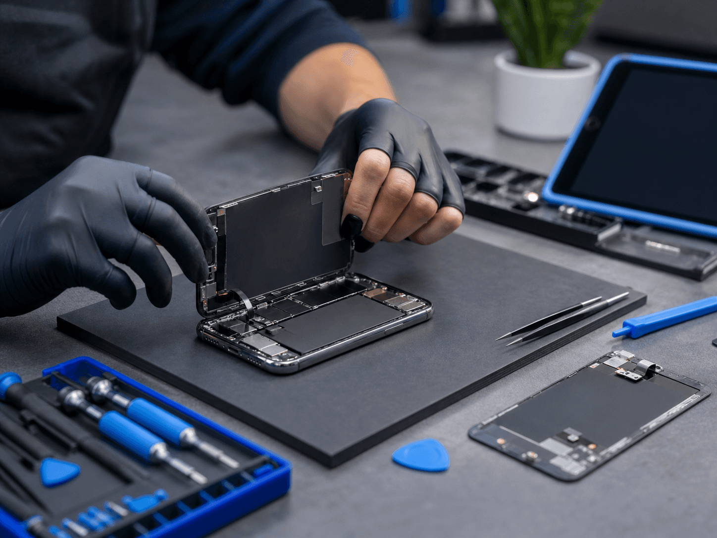 Een smartphone wordt professioneel gerepareerd op een nette werkbank