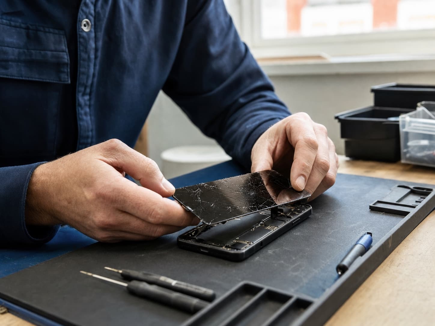 Schermreparatie aan een smartphone op de werkbank voor een iPhone 16 reparatie