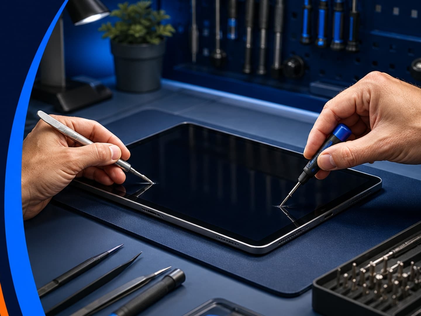 Een tablet wordt met precisiegereedschap op een reparatiewerkbank gecontroleerd